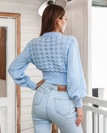 Xanthe Lantern Sleeve Mock Neck Cropped Sweater - SunsetFashionLA